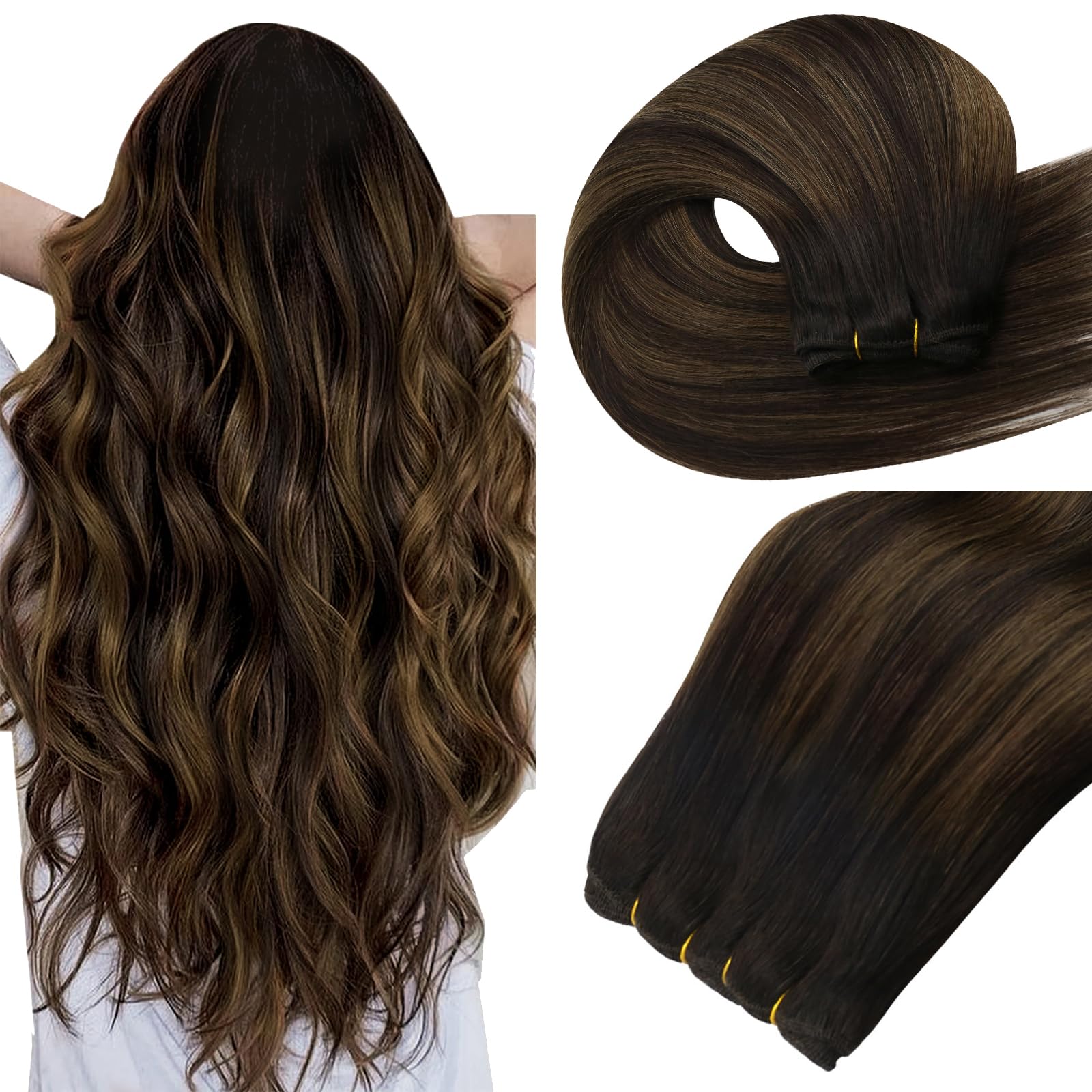 Easyouth Weft Hair Extensions Balayage Human Hair Extensions Sew in Balayage Darkest Brown Mixed with Light Brown Soft and Smooth Hair Extension Sew in for Women 14Inch 70G