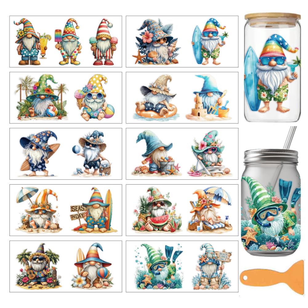 arricraft 10 Pcs Summer Gnome Theme PVC Cup Transfer Stickers, Beach Tropical Gnomes Pattern UV Waterproof Cup Sticker Rub on Decal for 16 oz Glasses Window Home Printing Decoration 24x11cm