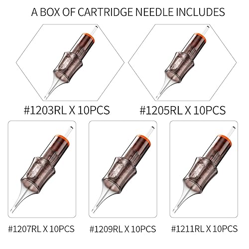 Miniatura 23 de 20 agujas surtidas de cartuchos de tatuaje, tamaño mixto #12 redondo y redondo Magnum – 5 piezas de cada una de 7RL, 9RL, 11RM, 13RM Pro agujas