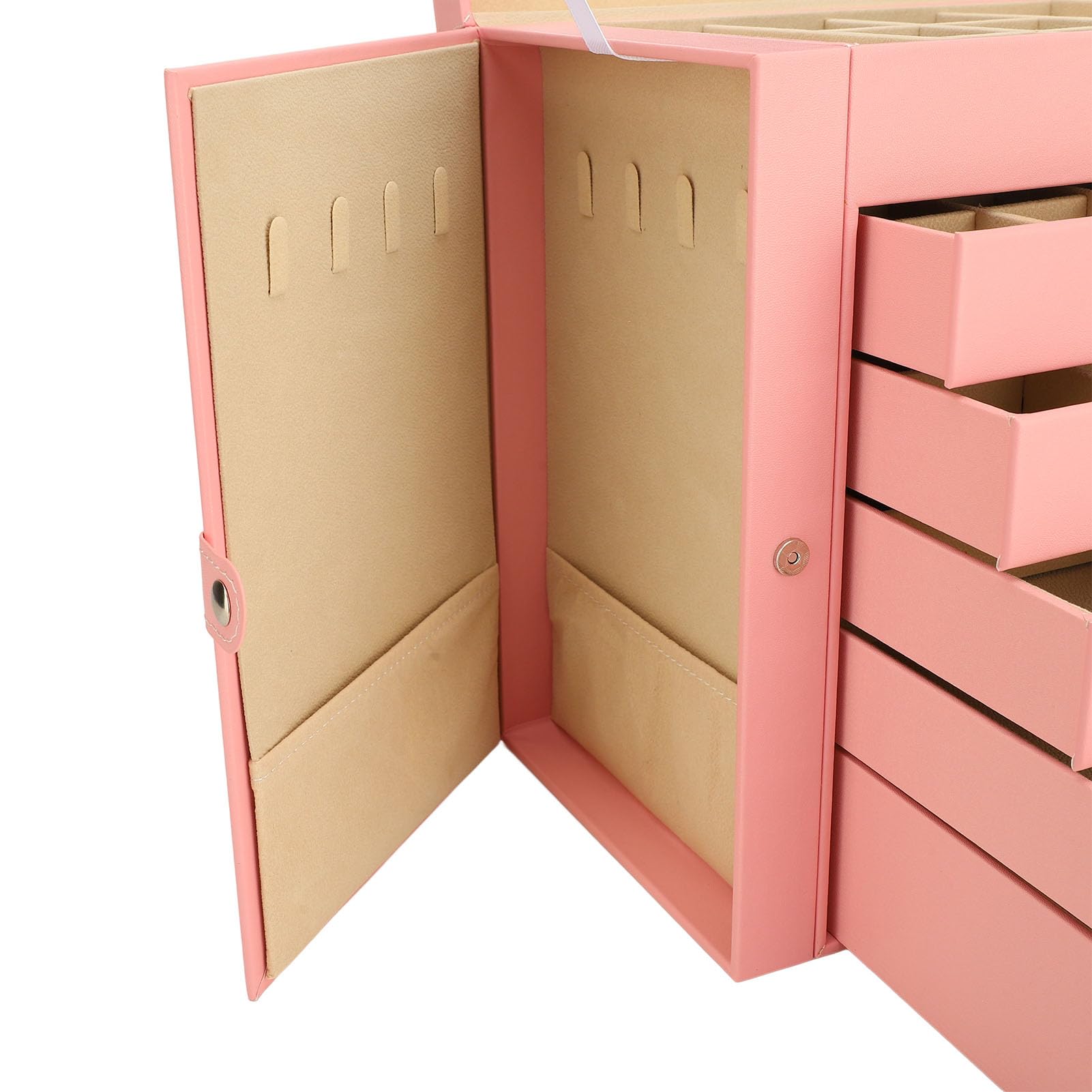 Abschließbare Schmuckschatulle mit 6 Ebenen und 5 Schubladen, Großer Schmuck-Organizer, Spiegel-Schmuckkästchen mit Fächern, Ideal für Damen, Ringe, Ohrringe, Halsketten, Armbänder und Uhren