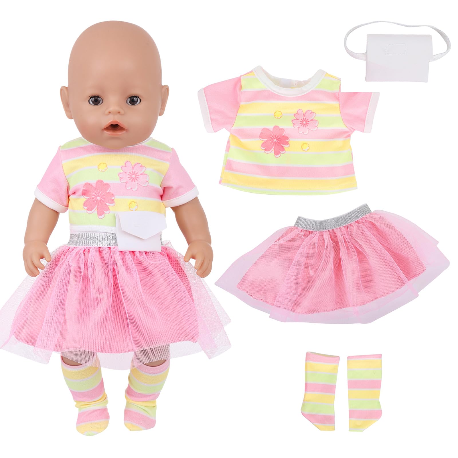5 Pcs Baby Doll Clothes for 14-18 Inch Dolls, 40-45cm Baby Doll Clothing, Pink Baby Doll Outfits mit 1 Pink Top + 1 Skirt + 1 White Bag + 1 Socks, New Born Baby Doll Clothes, as Gifts for Girls