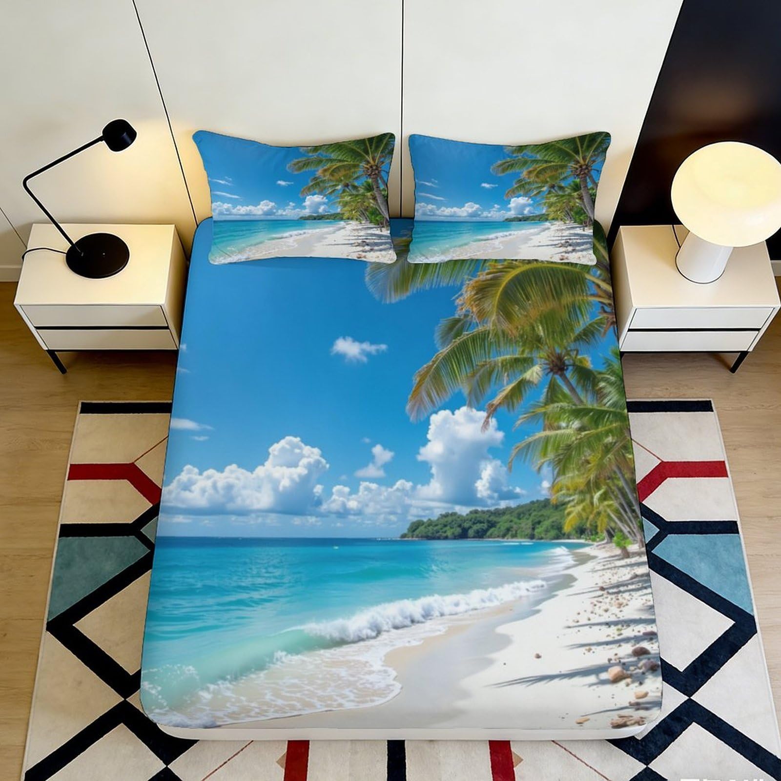 3D Printed Tropical Beach Fitted Sheet Microfiber Soft Breathable Palm Ocean Mattress Cover for Bedroom Guest Room Decor 90x200x25cm