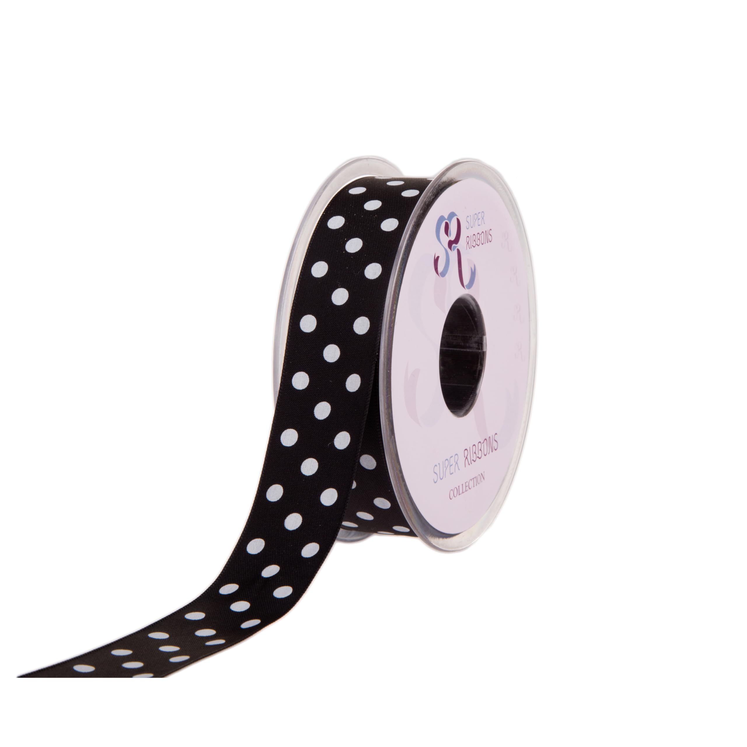 SUPER RIBBONS®™ Full Reel 25mm Polka Dot/Spotty Satin Ribbon, 20 Metres on Reel- Black