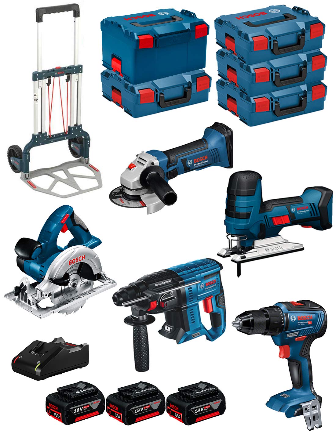 BOSCH Kit 18V BK502 (GST 18 V-LI S + GKS 18 V-LI + GBH 18V-21 + GWS 18-125 V-LI + GSR 18V-55 + 3 Batteries de 5,0 Ah + Chargeur + 4 x L-Boxx 136 + L-Boxx 238 + Caddy)