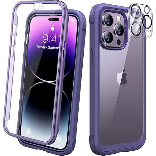 Diaclara Designed for iPhone 14 Pro Case 6.1’’, Full Body 360 Rugged Protective Case+2 Pack Camera Lens Protector w/Built-in Touch Sensitive Anti-Scratch Screen Protector, Bumper Case (Royal Purple)