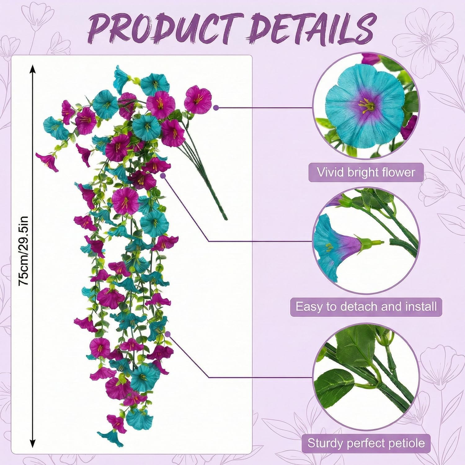 Faux Hanging Flowers Basket for Outdoor Decor,UV Resistant Fake Morning Glory Planter with Realistic Silk Artificial Flowers for Porch/Balcony/Patio/Garden Spring Summer Decoration(Teal,Purple)