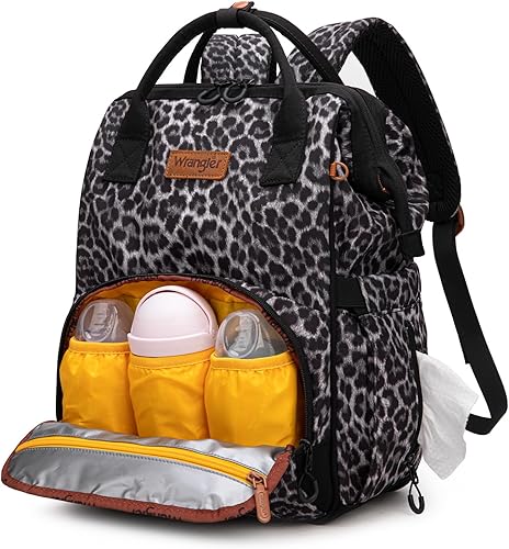 Miniatura 6 de Wrangler Mochila con estampado de leopardo Bolsa de viaje multifunción para bebé con cambiador, correas para cochecito y estuche para chupete