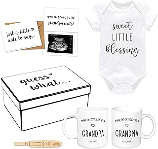 Pregnancy Announcement For Grandparents Gifts Est 2023- Promoted to Grandma & Grandpa Coffee Mug Set, Baby Onesie, Wooden Positive Pregnancy Test, Pregnancy Reveal Card - Great Baby Announcement Ideas