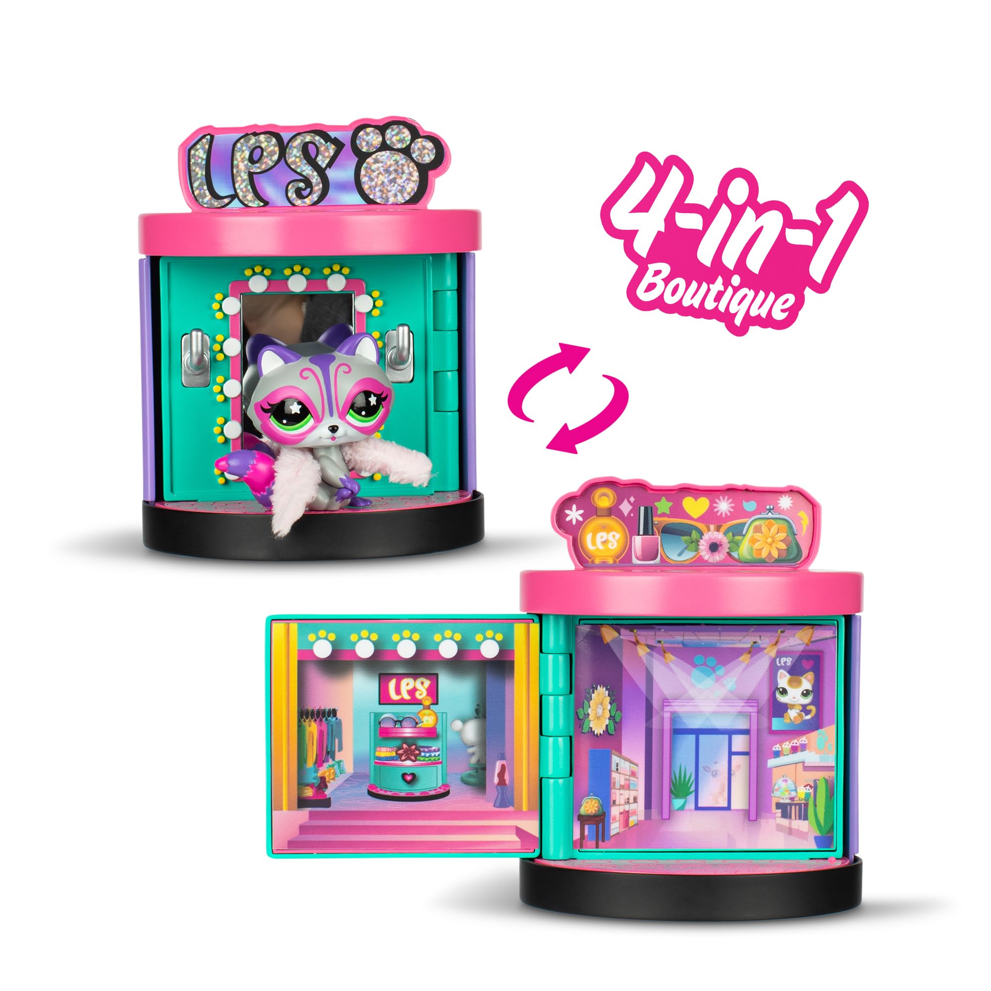 Littlest Pet Shop – Estuche Sweet and Style – Tienda 4 en 1 – Pack de 3 animales, 15 accesorios, 1 tarjeta, 1 código Roblox – Mini-Figurinas para animales coleccionables – Juguete infantil de 4 años y