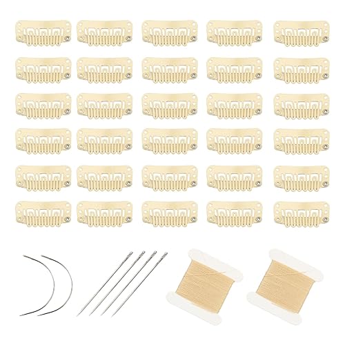 30 pinzas de extensión de cabello en forma de U de acero inoxidable para pelucas, extensiones de cabello y postizos, 30 agujas de coser surtidas y 2