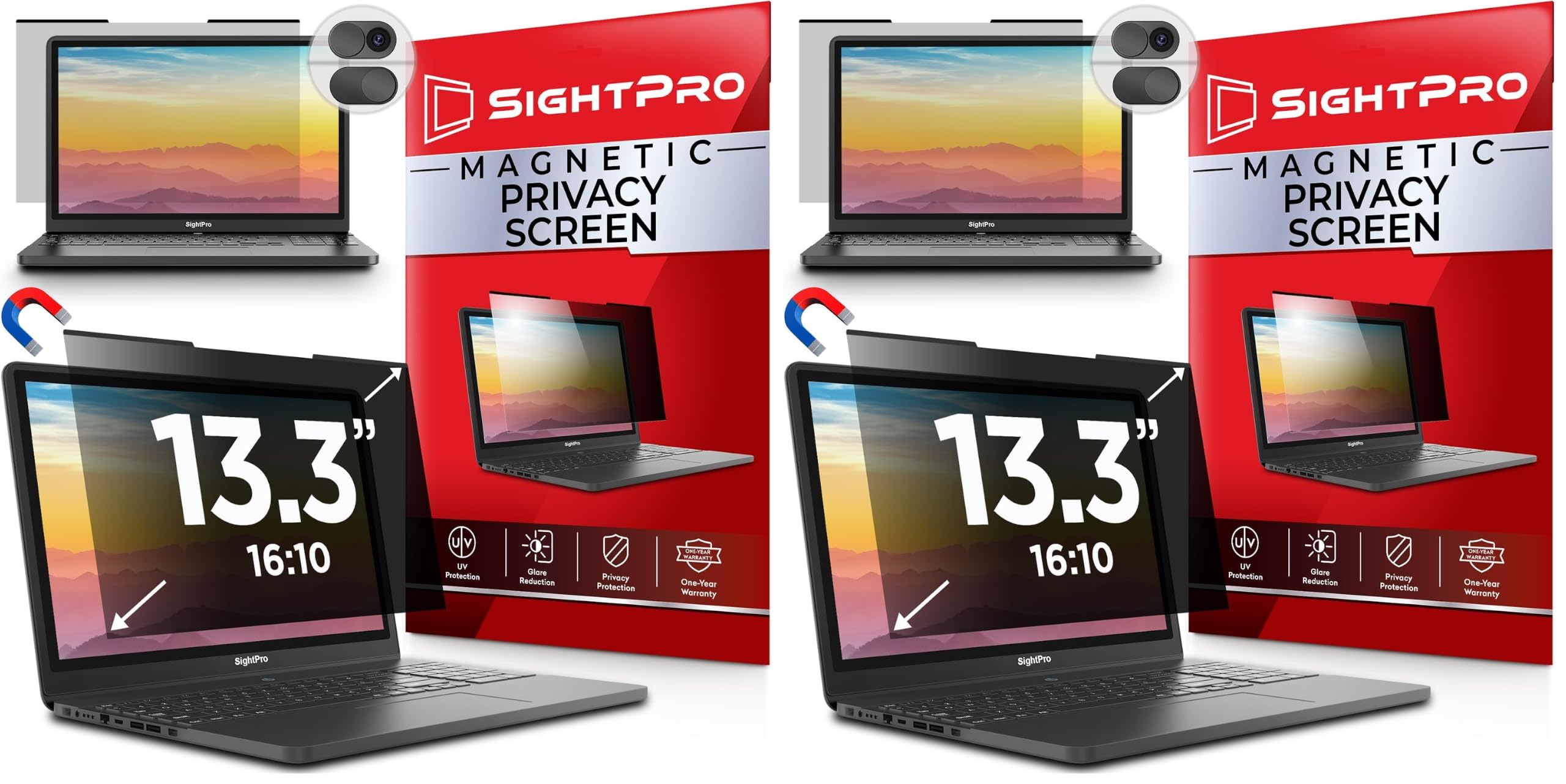 SightPro Magnetic Laptop Privacy Screen 13.3 Inch 16:10 - Patented Removable Laptop Privacy Filter Shield and Protector (Pack of 2)