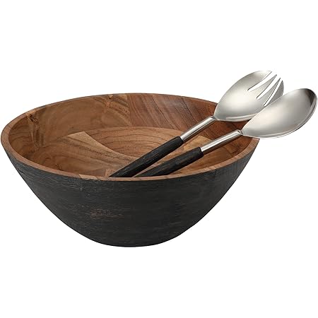 Folkulture Salad Bowl with Matching Salad Tongs, Salad Bowl or Wooden Bowls for Mixing, 12" D x 5" H, Acacia Wood, Wooden Salad Bowl Wedding Registry Items, Black Matte