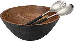 Folkulture Salad Bowl with Matching Salad Tongs, Salad Bowl or Wooden Bowls for Mixing, 12" D x 5" H, Acacia Wood, Wooden Salad Bowl Wedding Registry Items, Black Matte