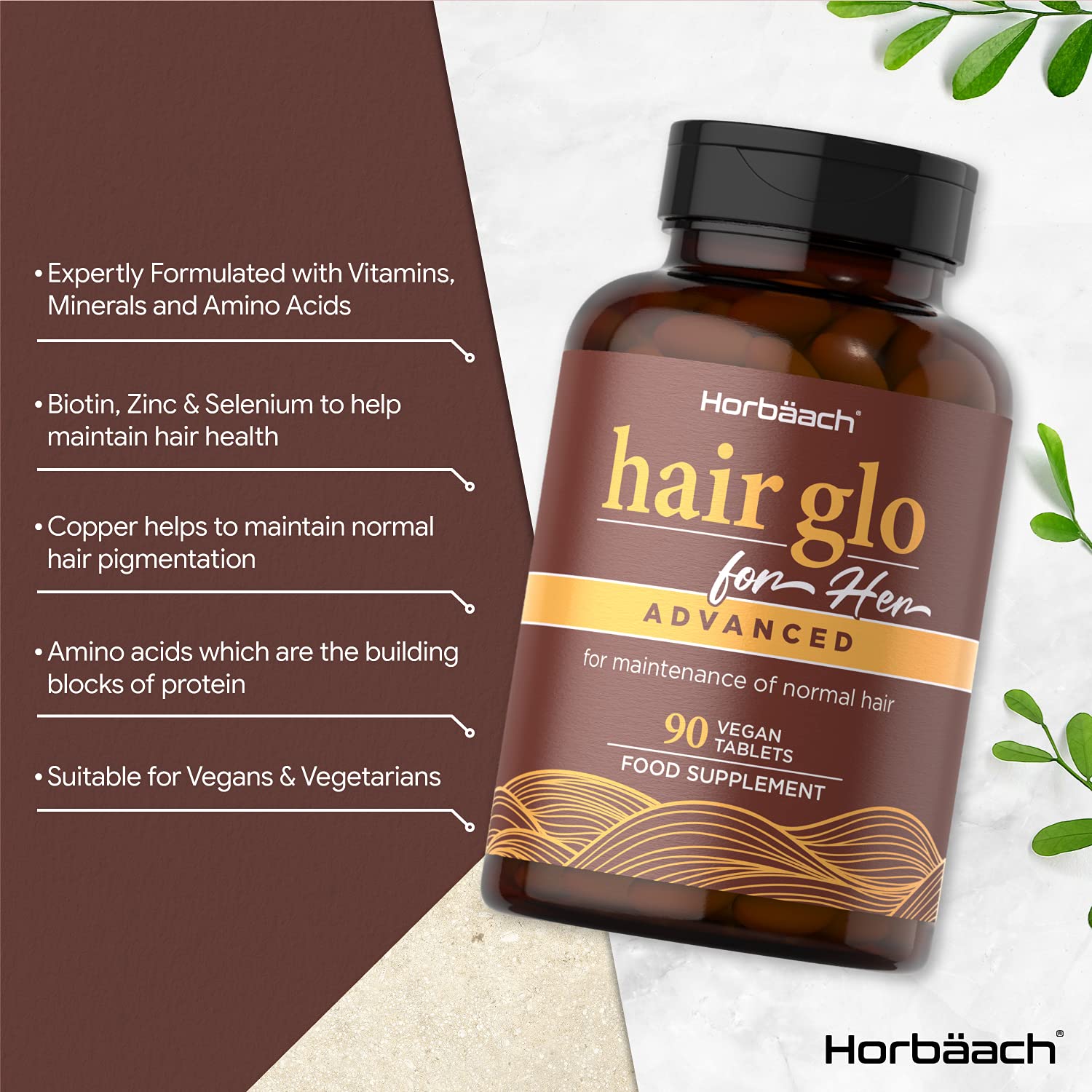 Hair Glo for Her Advanced 90 Vegan Tablets with Biotin, Copper