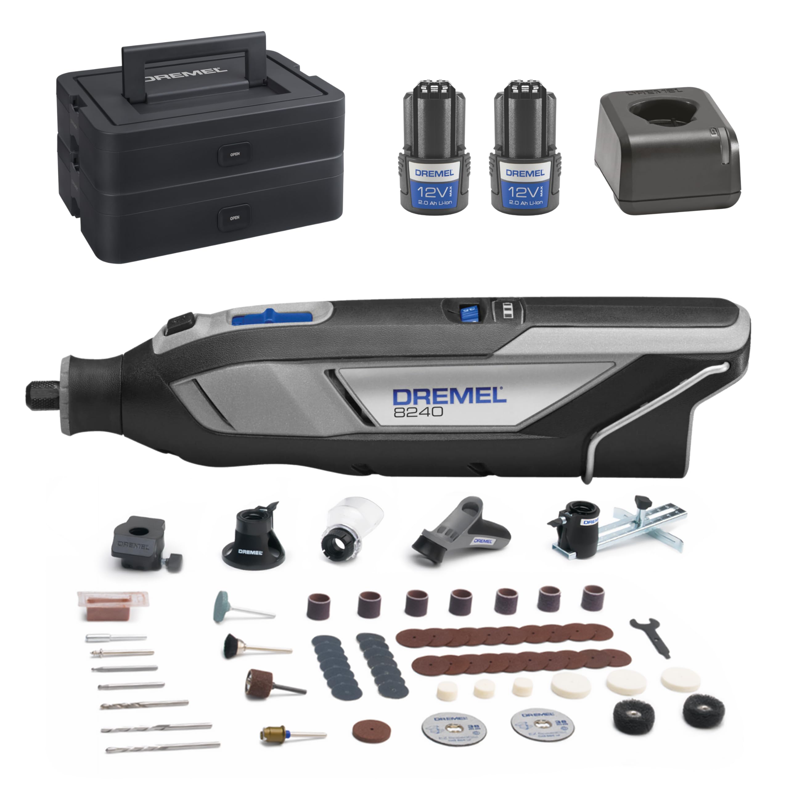 Dremel 8240 Akku-Multitool 12V 2Ah – Set mit 2 Akkus, 65 Zubehörteilen und Dremel BOX