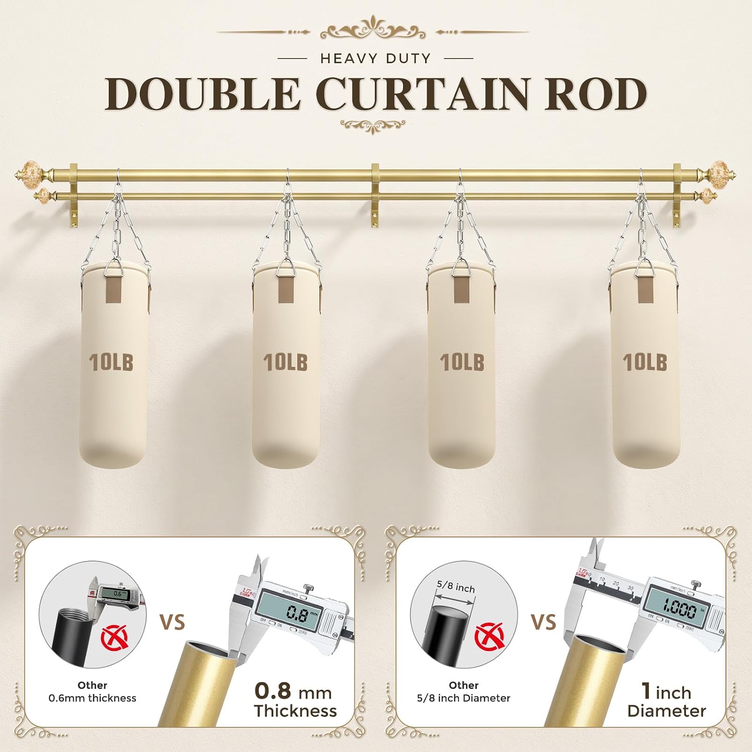 Double Curtain Rod, Decorative Crystal Dual Rod 36-60 Inch, Gold