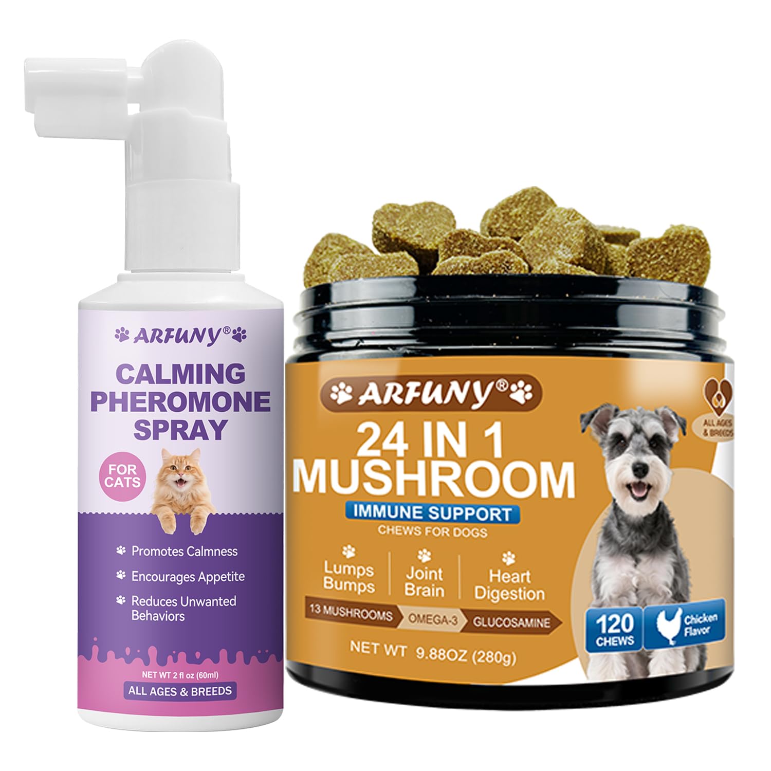 Spray aux phéromones pour chats & friandises aux champignons pour chiens – réduit griffures, bagarres, mictions et marquages – anti-stress et anxiété – pour intestin, peau, articulations et immunité d
