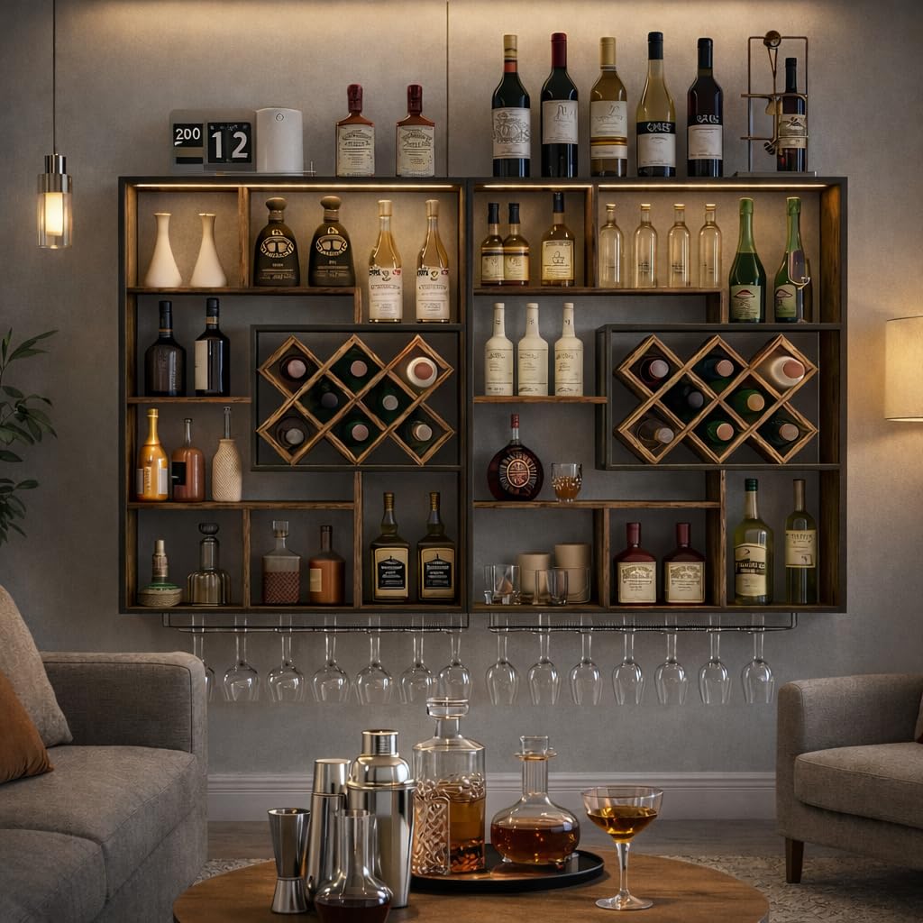 YOURLITE Weinregal Wand mit LED-Beleuchtung Metall,Bar Regal mit Glashalter,Wandmontage Wine Display-Ständer,3 Ebenen Weinregal,Beidseitig Montierbar