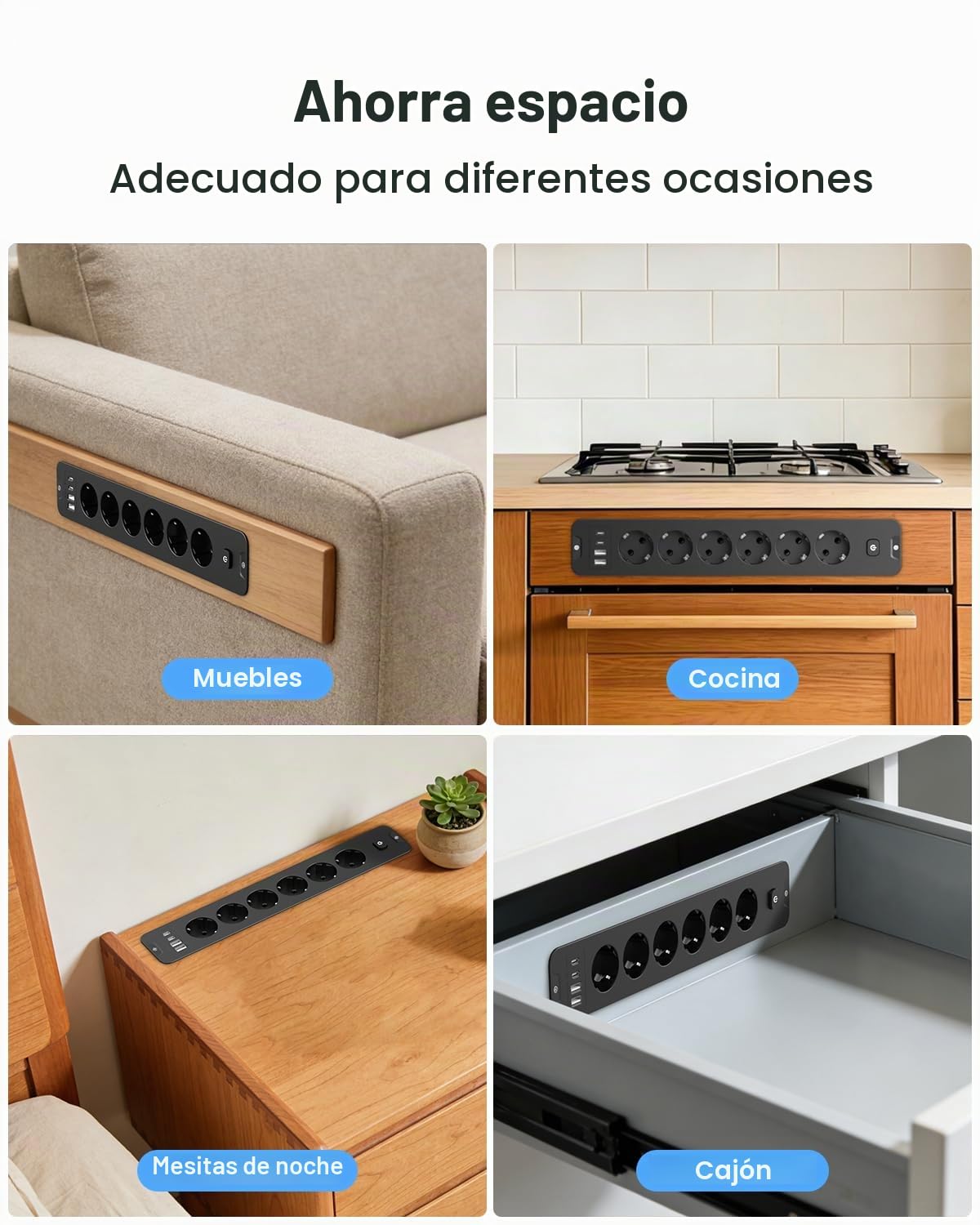 Enchufe empotrado con USB, enchufe de mesa retráctil con 6 enchufes, 4 USB (2 USB C PD 20 W), regleta para escritorio, armario, hogar y oficina (negro)