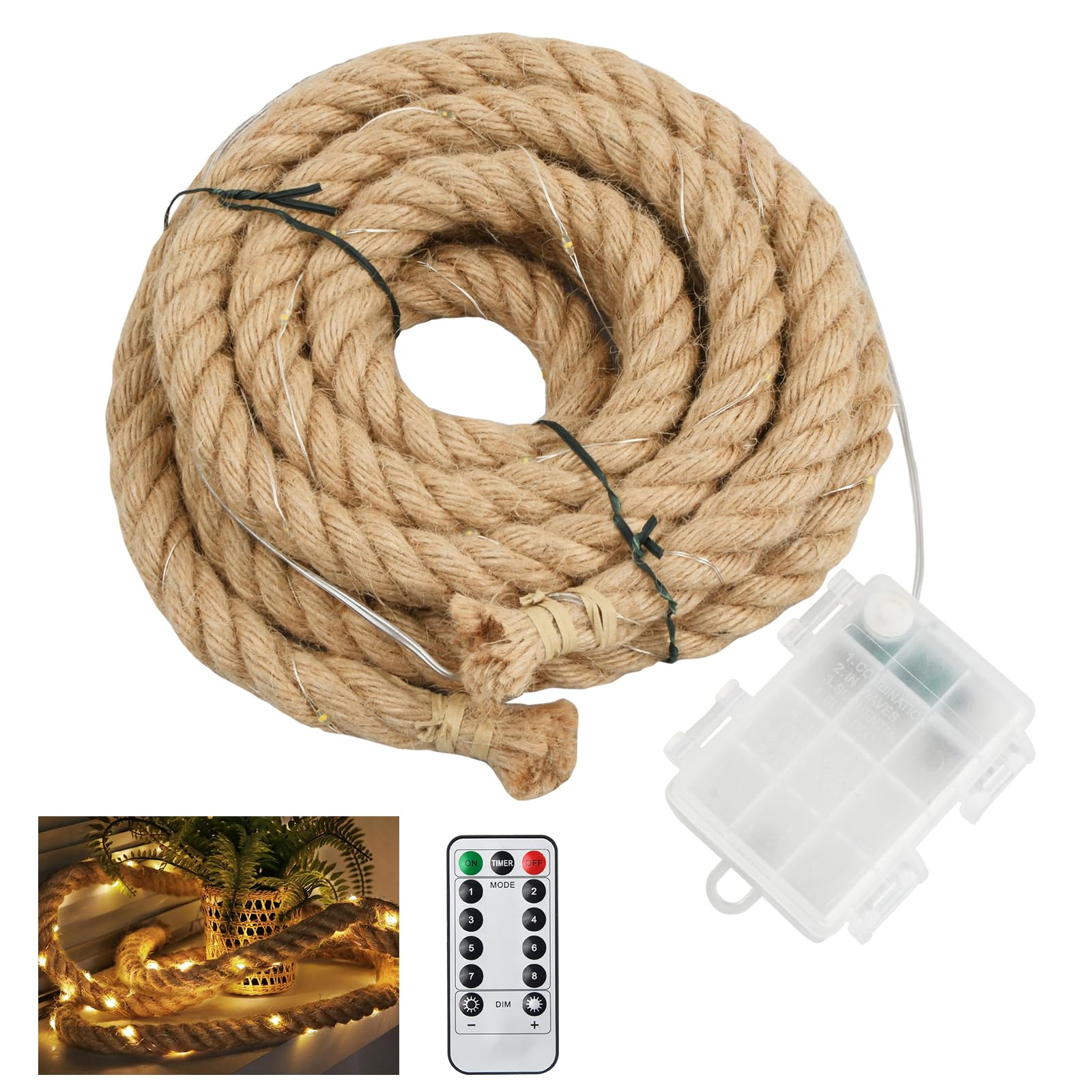 Litinliv Guirnalda de Luces LED de Cáñamo, 300cm, 60 LED, Funciona con Pilas y Control Remoto, 8 Modos de Iluminación, Cuerda con Luces para Interior, Exterior, Jardin, Bodas