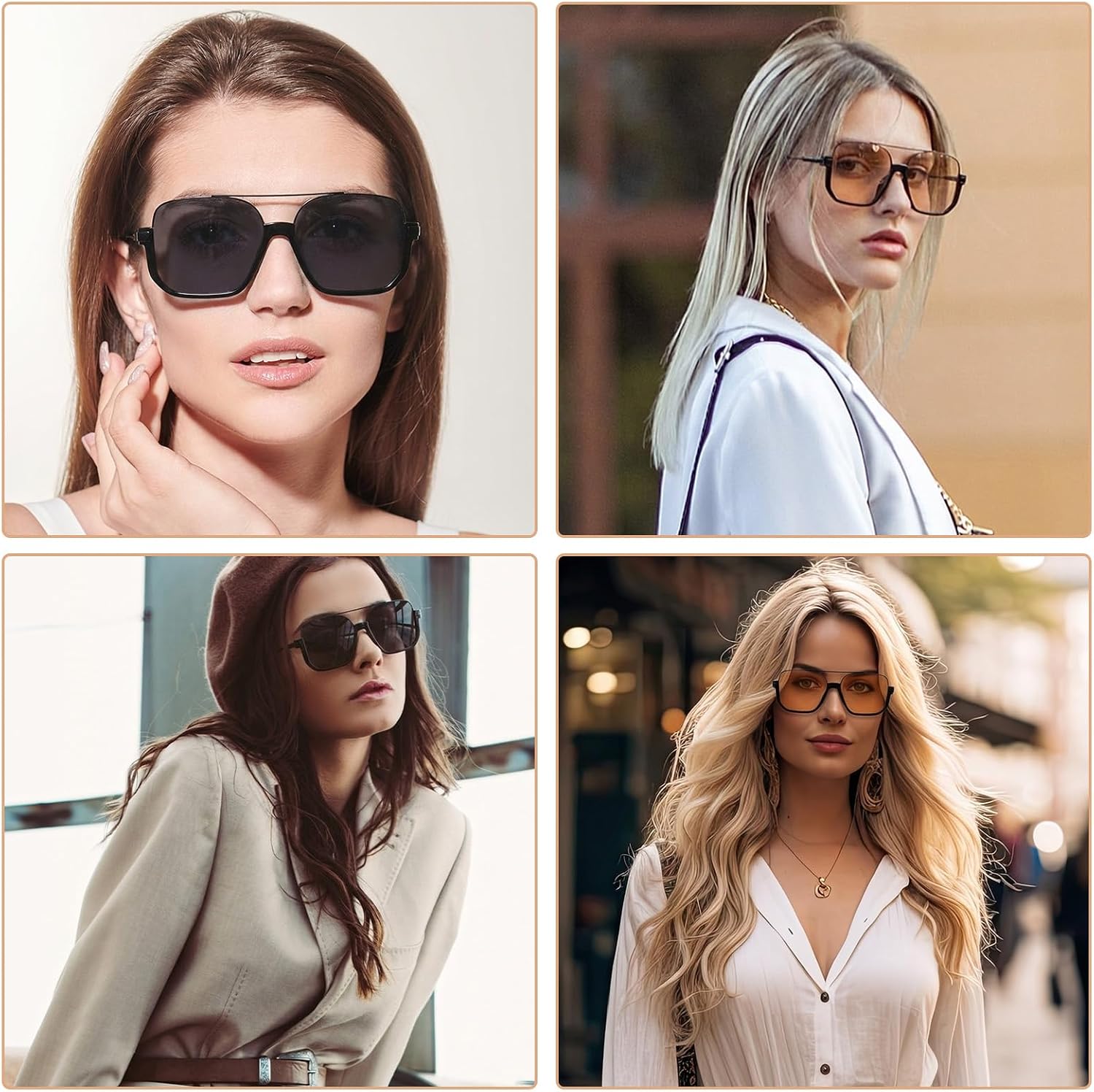 JATEBI Retro Oversized Aviator Sunglasses Trendy Double Bridge Square Sunglasses 70s Shades UV Protection