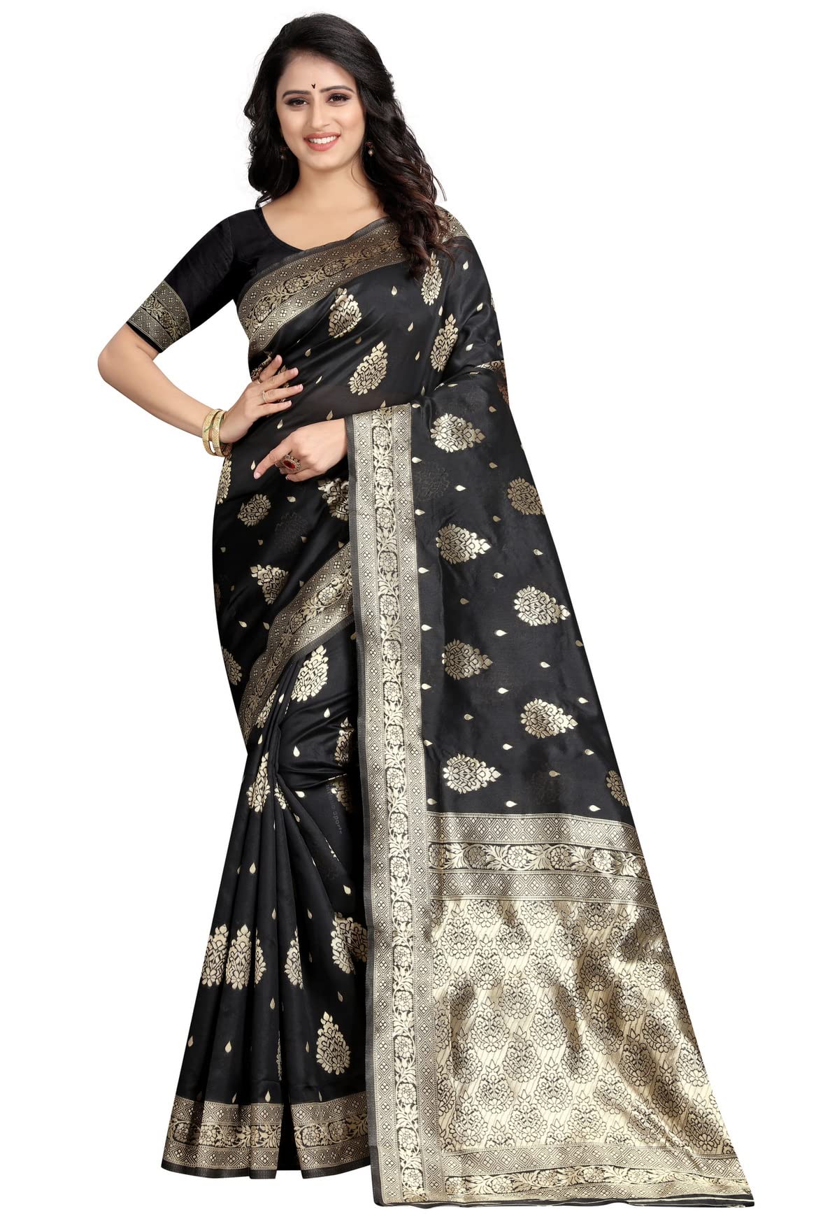 Shasmi Sarees Women's Art Silk Black Kanchipuram Saree (San Engle 3 Black)