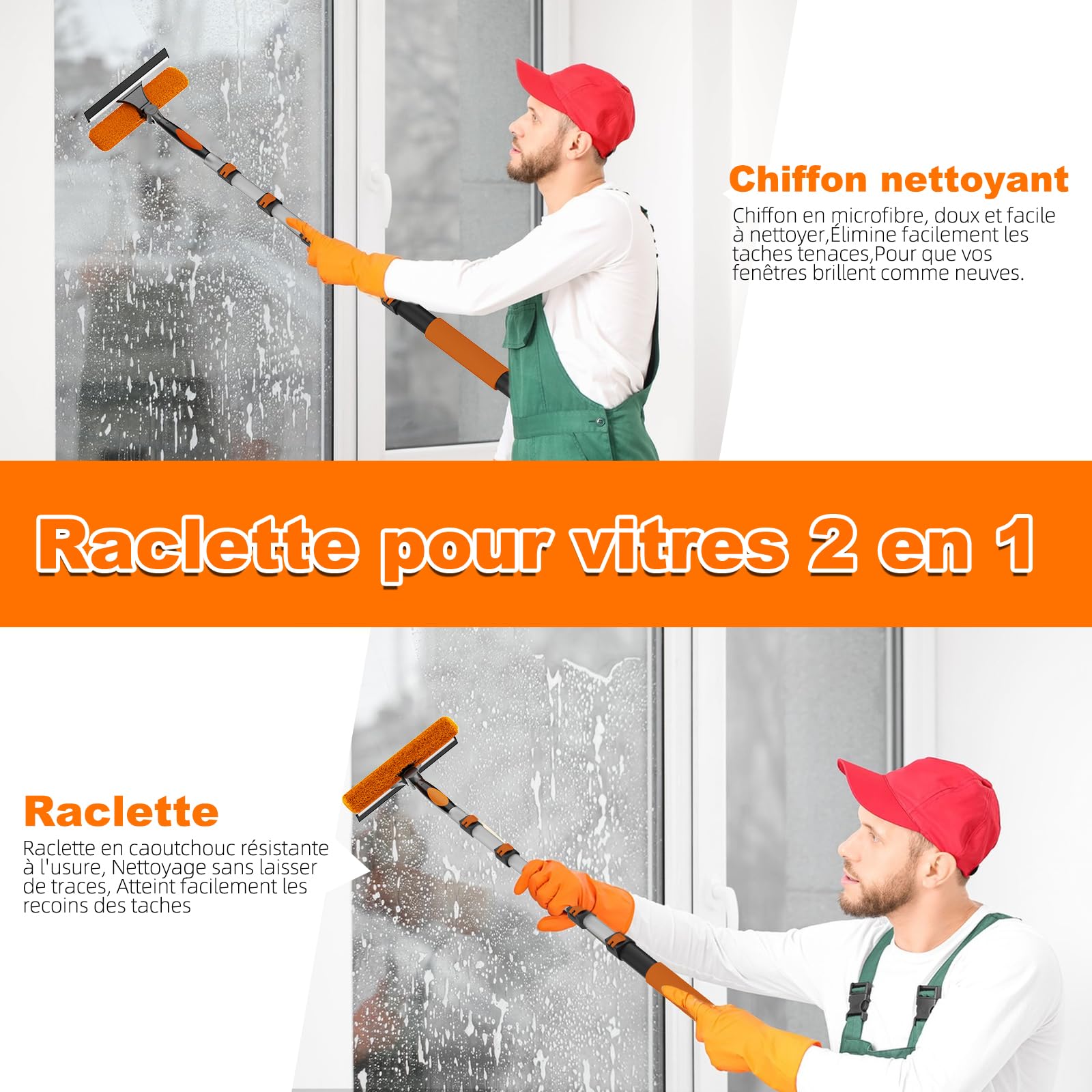 SISUPASSIE 7,2m Plumeau Poussiere Telescopique avec Perche Télescopique, Plumeau Microfibre, 2-en-1 Raclette Vitre Professionnel, Utilisation intérieure et extérieure