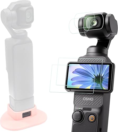 PCTC Osmo Pocket 3 - Soporte de escritorio antideslizante de silicona + 4 unidades de protector de lente de vidrio templado, kit de accesorios solo