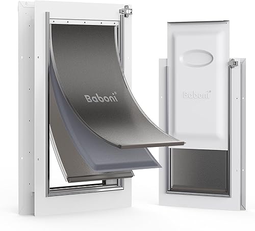 Miniatura 8 de Baboni Puerta para mascotas con 3 solapas para puertas interiores y exteriores, marco de acero y túnel telescópico, puerta fuerte y duradera para