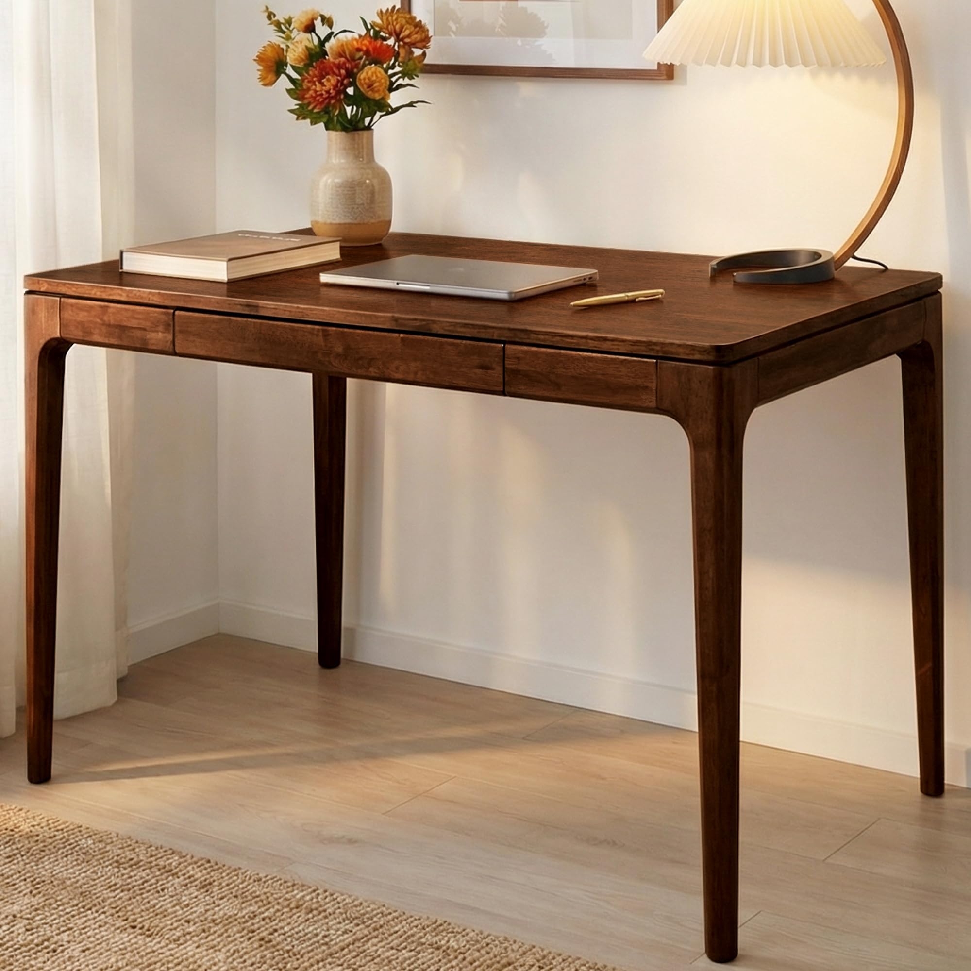 Acacia Wilma 48” Rubber Wood Rectangular Writing Desk for Study, Office Desk, Dining Table Set for 4 with Storage Drawer, Mid-Century Modern Table for Bedroom, Dining Room, Easy Assembly, Walnut