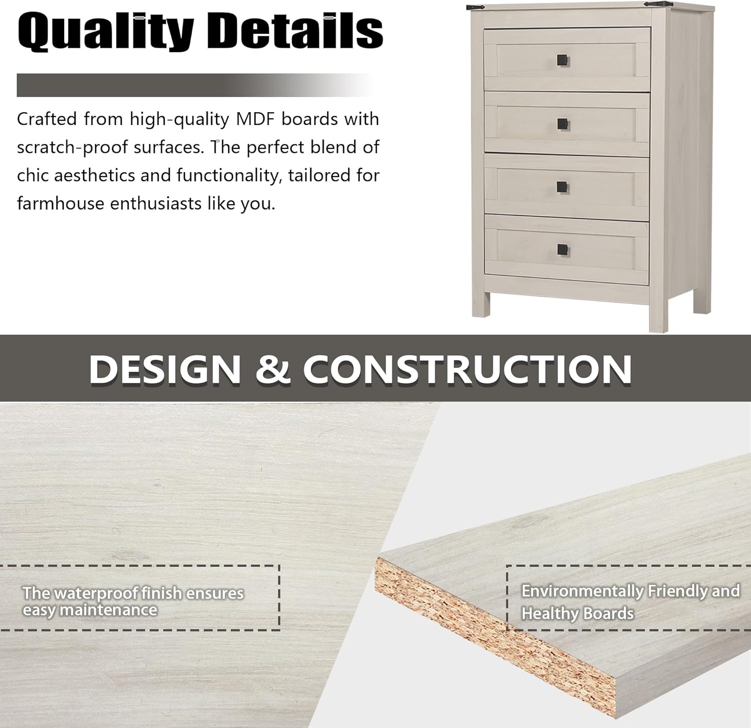 Farmhouse 4 Drawers Dresser, Wood Double Dresser Chest of Drawers Wide Storage Organizer Cabinet for Bedroom, Living Room, Rustic Beige