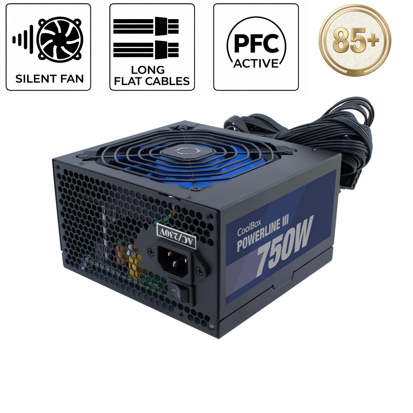 CoolBox Powerline3 750, Fuente de Alimentación PC 750W, ATX, 85% Eficiencia, Ventilador Ultra-silencioso 12cm, Tecnologías SMD y DC-DC, Filtro emi, Cables Planos Largos, Negro