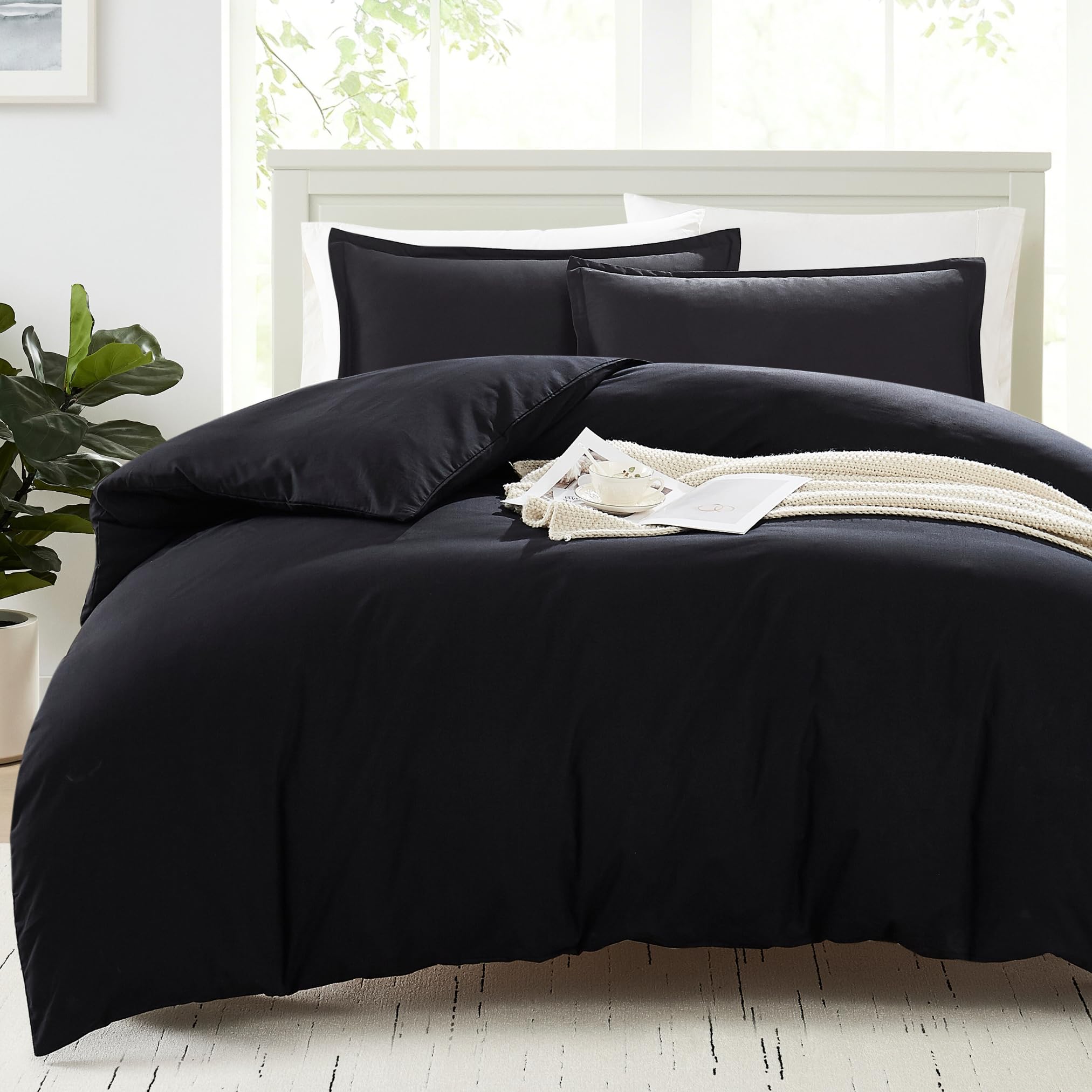 LANE LINEN 100% Organic Cotton Single Duvet Cover Set - 2-Piece Bedding Set, Includes 1 Duvet Cover 135 x 200 cm and 1 Pillow Sham, Soft, Breathable, and Skin-Friendly - Comforter Not Included -Black — image 1