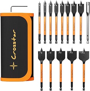 Crosstar 13-Piece Spade Drill Bit Set 1/4"-1-1/2" w/6" Extension, Black Oxide Coated for Woodworking DIY Electrical