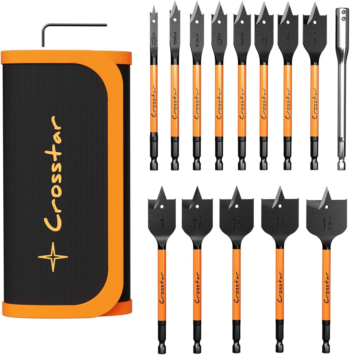 Crosstar 13-Piece Spade Drill Bit Set with 6" Extension, Black Oxide Coated, 1/4" to 1-1/2" Sizes, for Woodworking, DIY & Electrical Projects