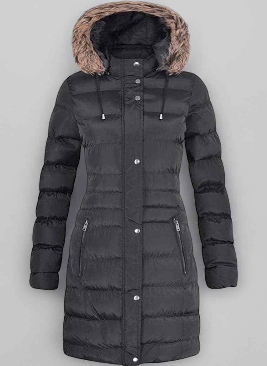 Womens Long Fur Trimmed Hooded Padded Puffer Parka Ladies Winter Jacket Coat