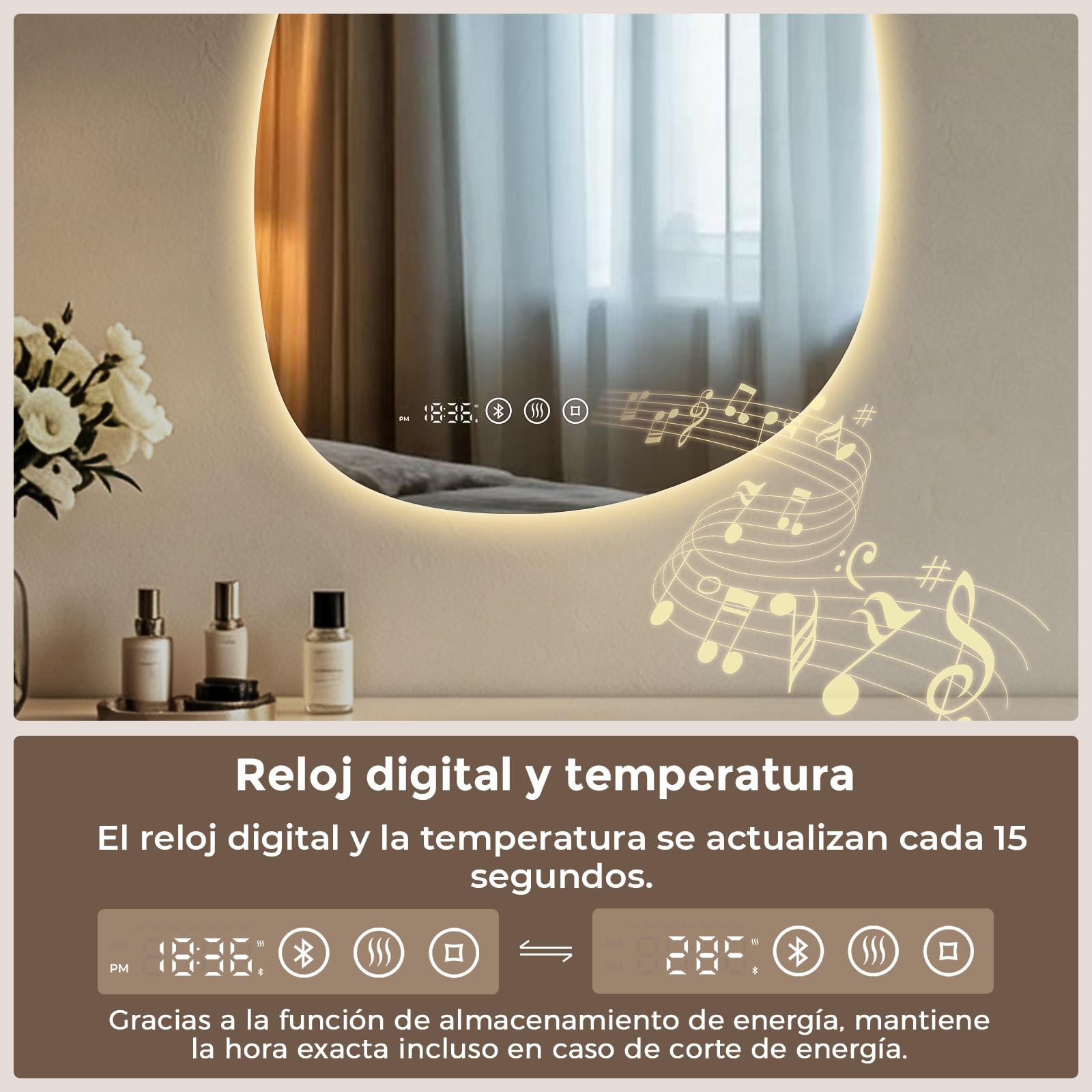 Espejo Baño con Luz LED Asimétrico 75x55 cm Bluetooth