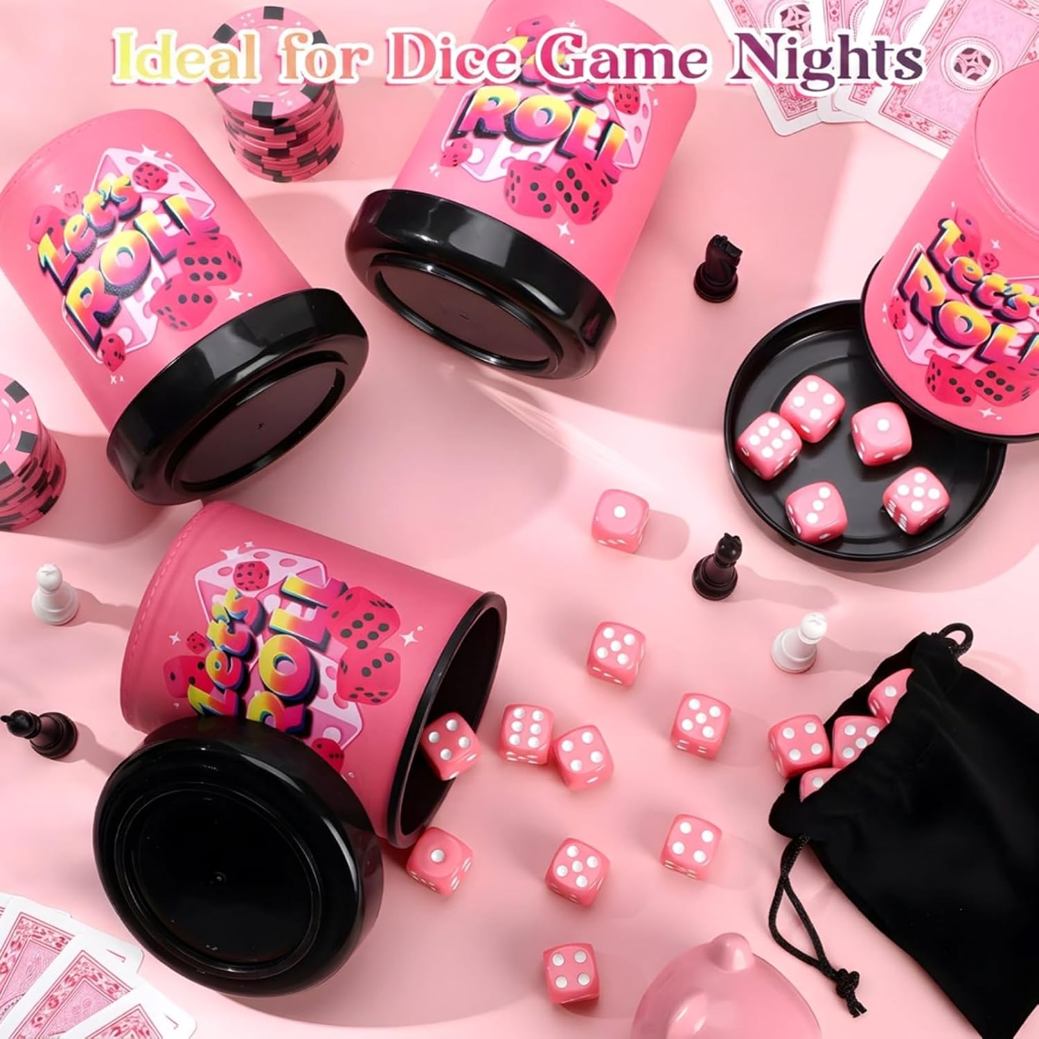 RoundFunny 4 Pack Pink Leather Dice Cup with Lid Let's Roll Dice Cup Set with 30 Matching Dices Game Kit Party Supplies for Women Girl Ladies Night Family Board Games
