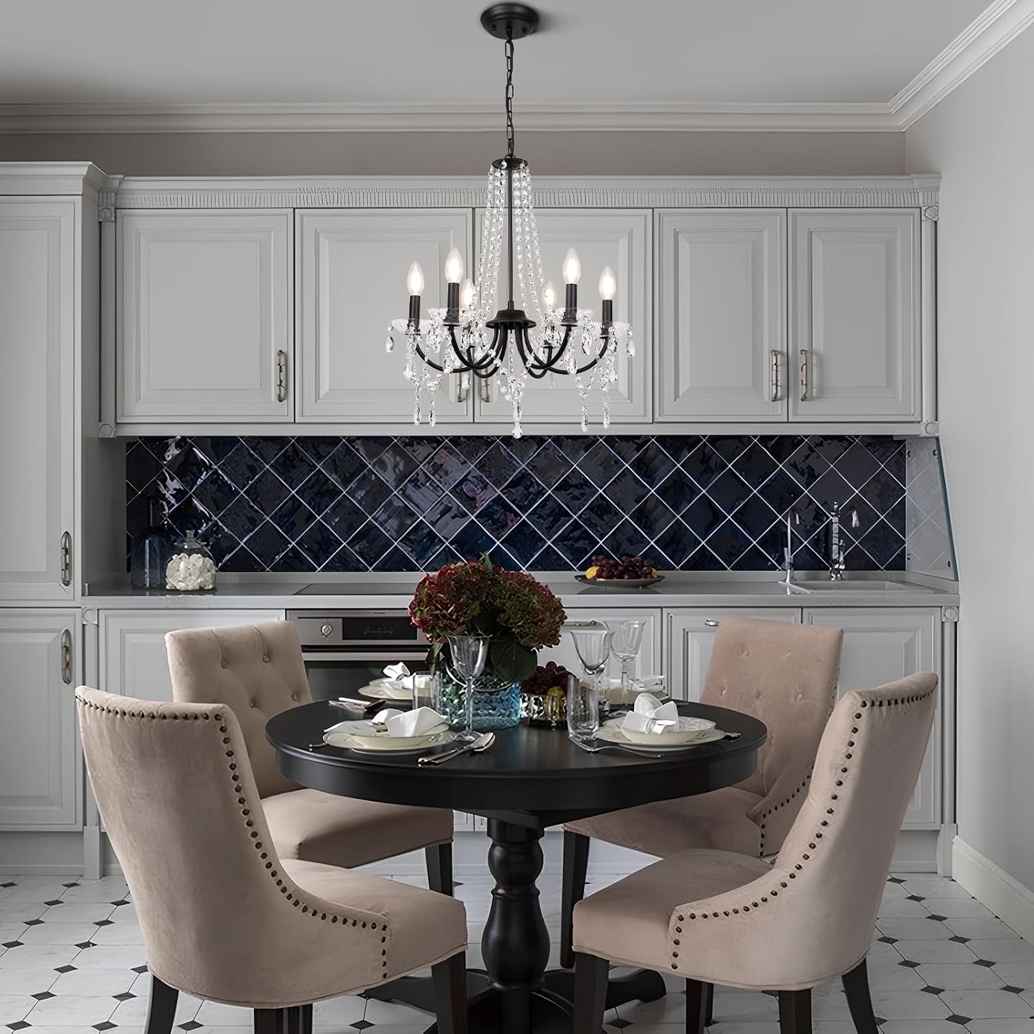 LynPon Black Crystal Chandeliers for Dining Room, 6 Lights Modern Farmhouse Chandeliers, Vintage Candle Hanging Pendant Flush Mount Chandelier for Bedroom, Bathroom, Kitchen, Foyer, Entryway