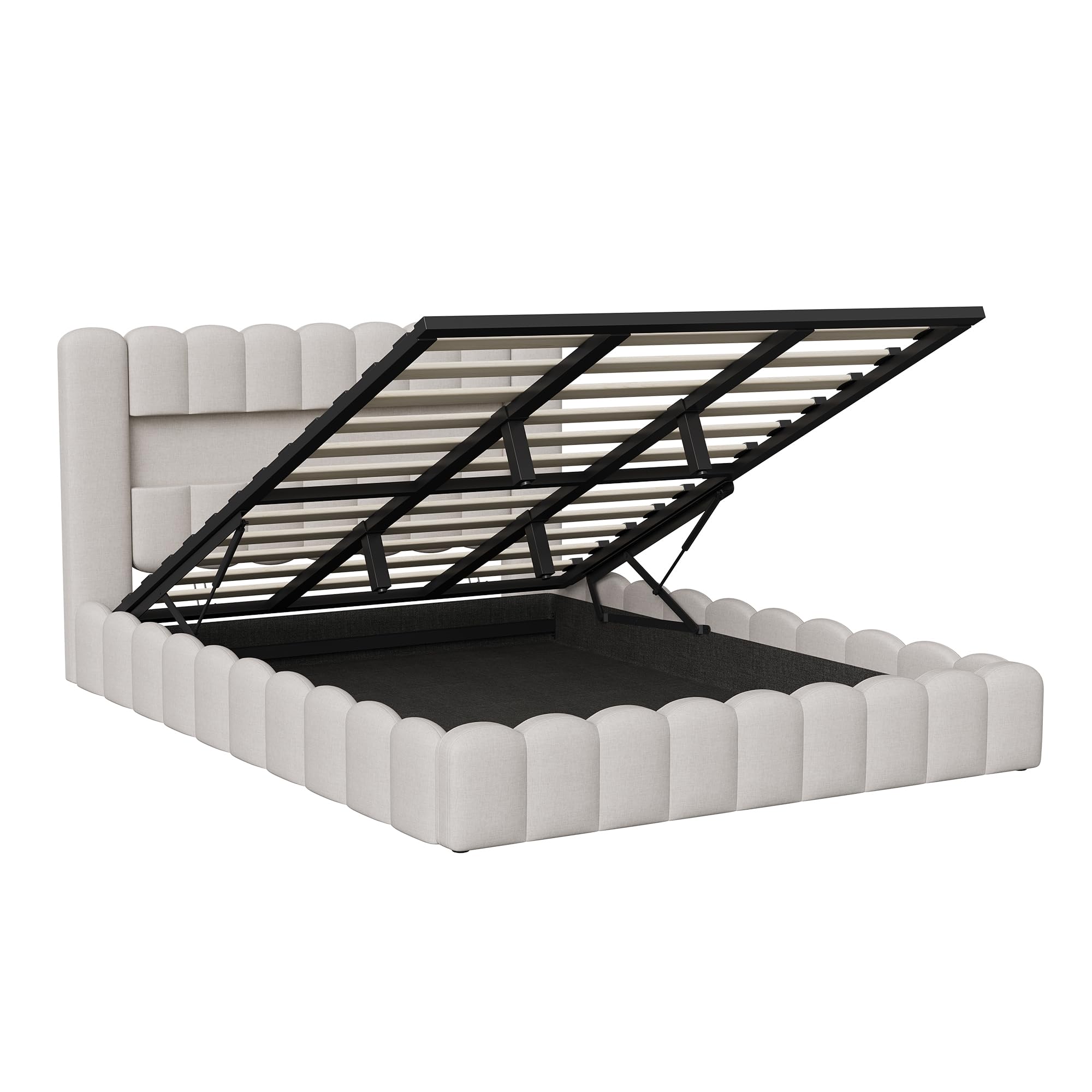 BRILVERDE Letto imbottito 180x200,Letto matrimoniale con contenitore,Testiera con illuminazione a LED e ricarica USB, con rete a doghe, Beige, lino, materasso non incluso