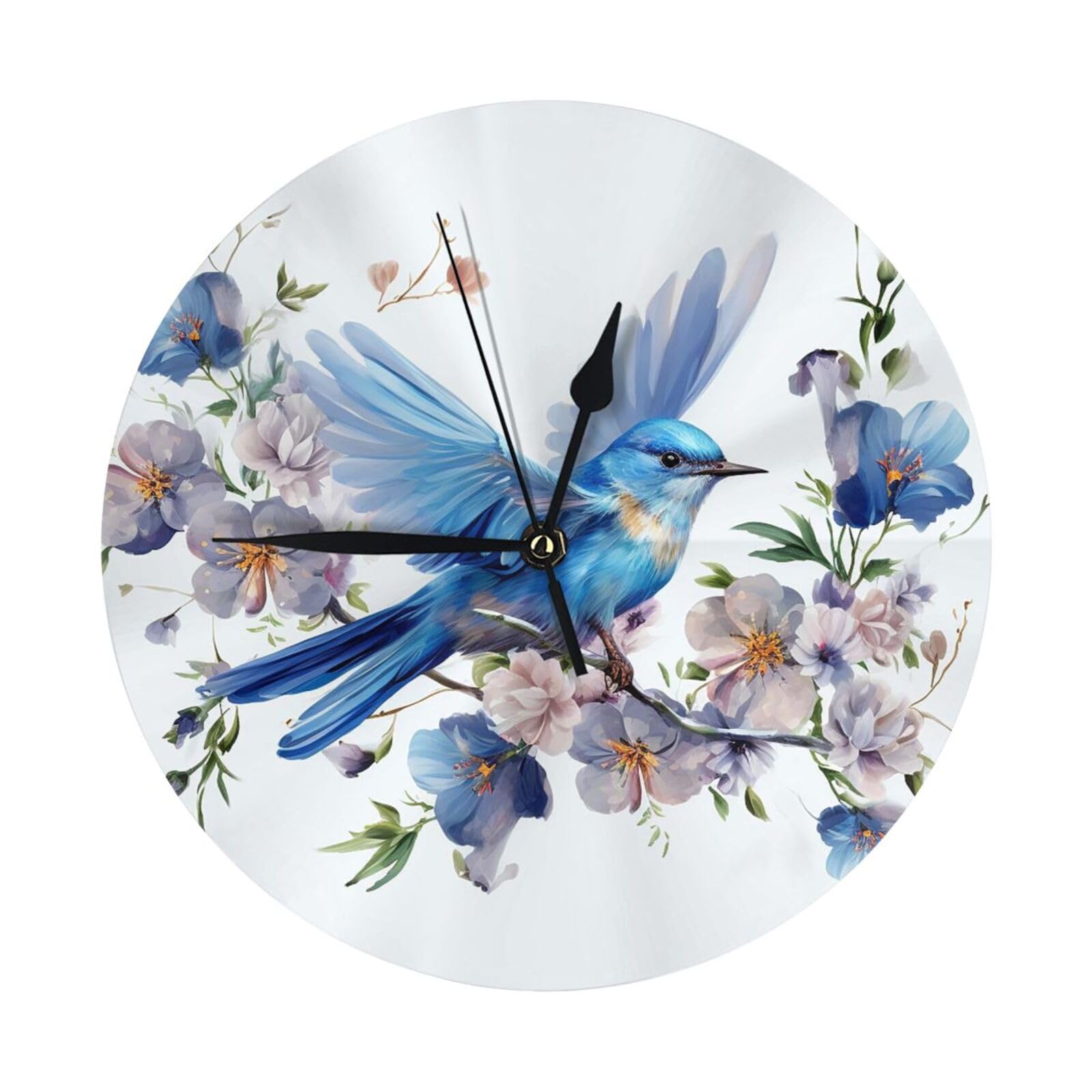 Wall Clock Silent Non-Ticking Modern Wall Blue flowers and birds Clocks Classic Clock for Office Home Kitchen Bedroom Living Room
