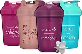 [4 Pack] 20oz Shaker Bottle with Motivational Quotes (Plum, Rose, Raspberry, Teal) | Protein Shaker Bottle with Mixer Agitators | Shaker Bottle for Protein Mixes Pack is BPA Free and Dishwasher Safe