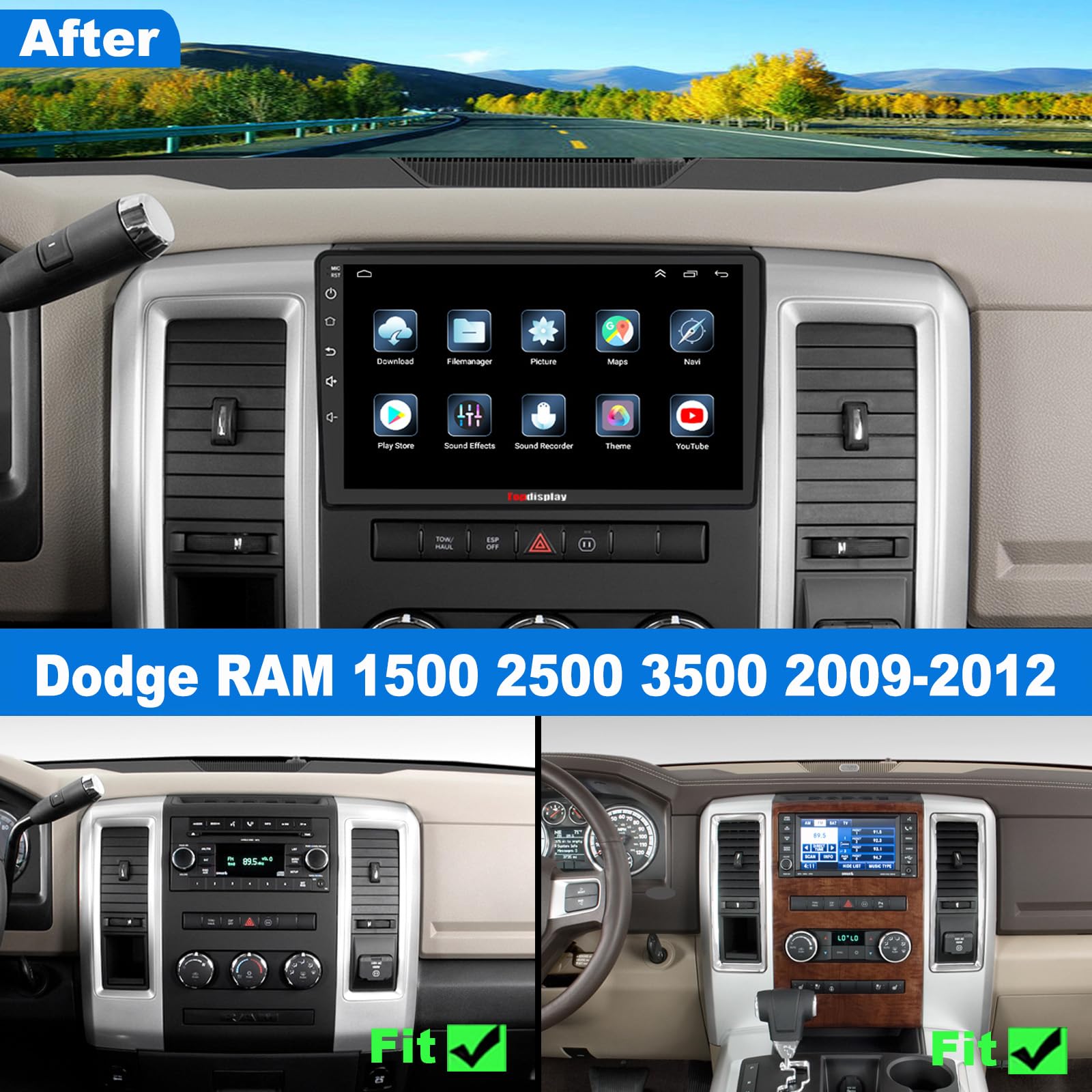 QLED Radio Upgrade for Dodge RAM 1500 2009 2010 2011 2012,8 core CPU, Touch Screen Stereo,Carplay and Android Auto,Free Camera