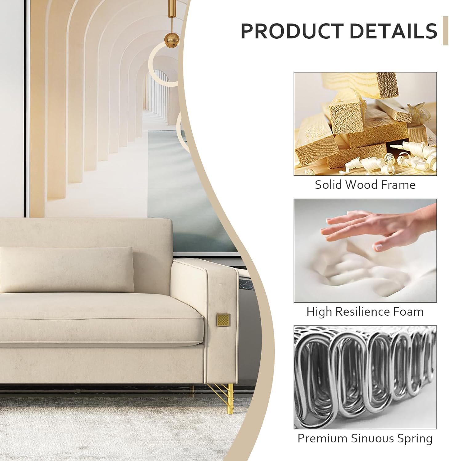Hommoo 85" Velvet Sofa with Deep Seat, 3 Seater Couch for Living Room Bedroom Office, Small Loveseat with Detachable Cover, Modern Sofa Comfy Fabric with Throw Pillows Gold Metal Leg Beige