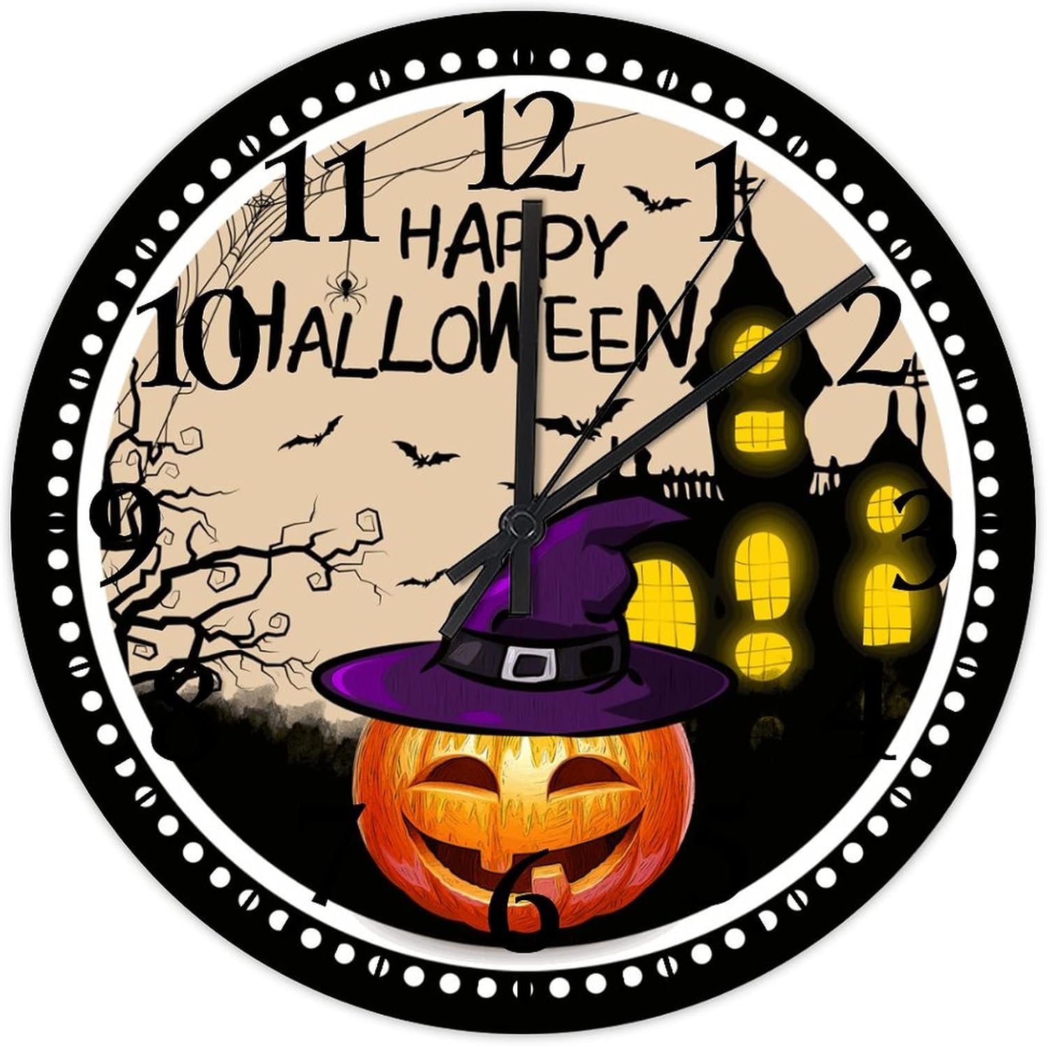 15 Inch Happy Halloween Pumpkin Hunted House Wood Wall Clocks Quartz Analog Quiet Jack O'Lantern Pumpkin with Witch Hat Modern Wall Clock Arabic Numeral Round Clock for Home Office