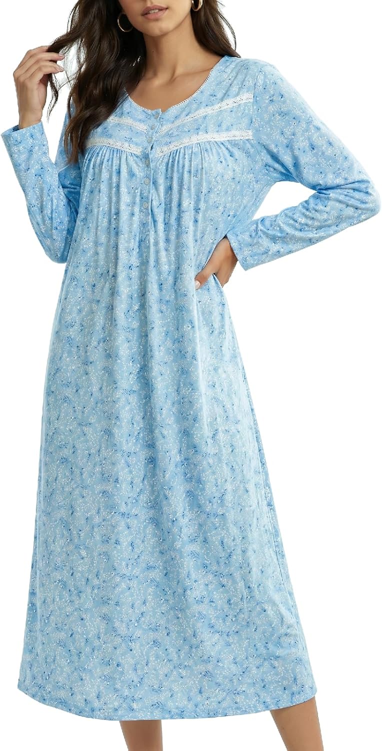 IZZY + TOBY Nightgowns for Women Long Sleeve Soft Cotton Long Warm Nightdress Kintted Night Gown