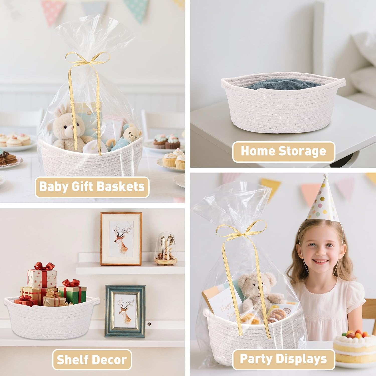 12 Pack Small Woven Basket with Gift Bags and Ribbons,Woven Gift Baskets Empty, White Woven Rope Baby Gift Empty Baskets for Gifts and Storage