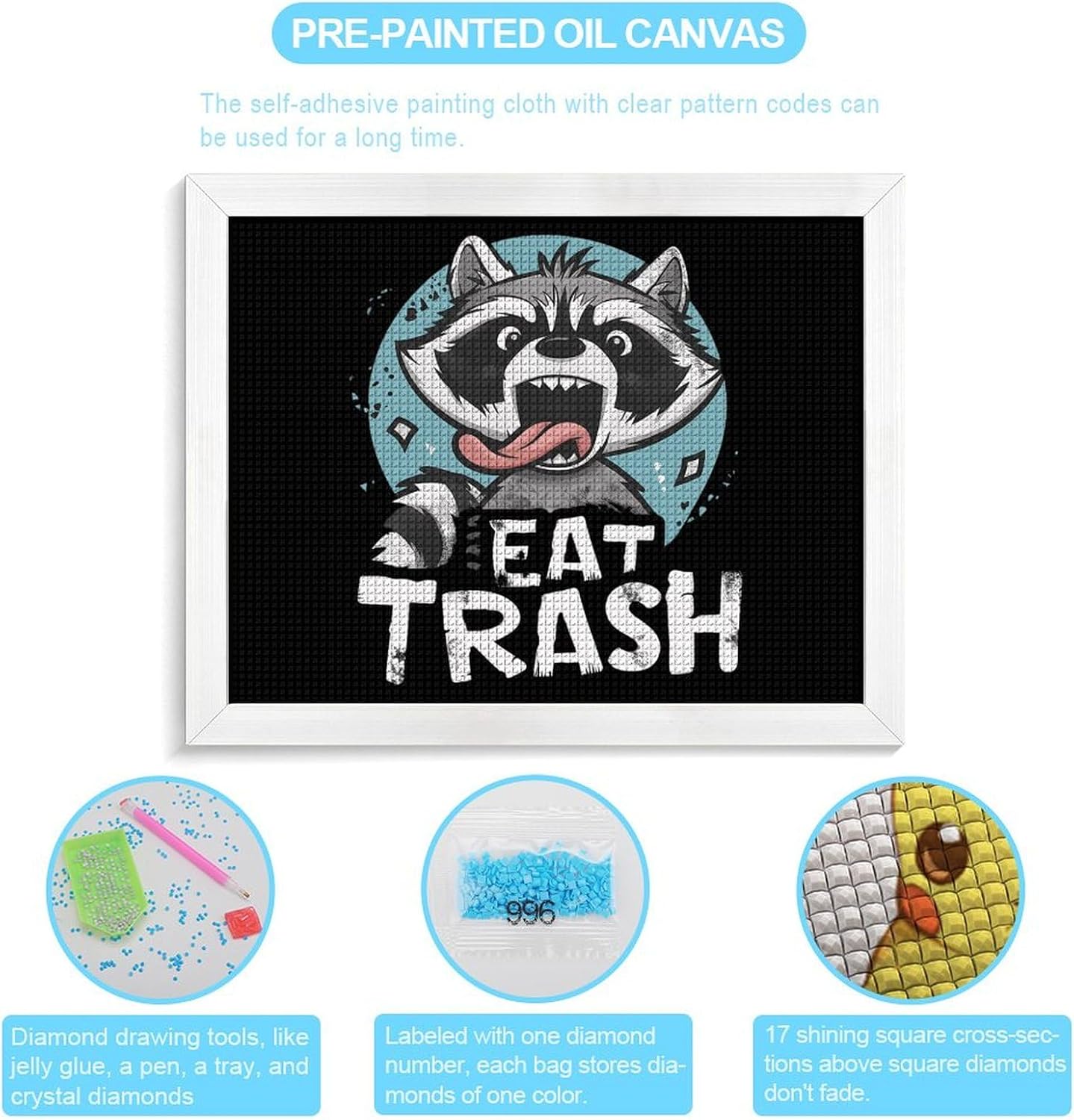 Raccoon Eat Trash Printed Diamond 5D Painting Kits DIY Full Drill Crafts for Home Wall Decor 16x20 Inch White Wood 50 * 40cm