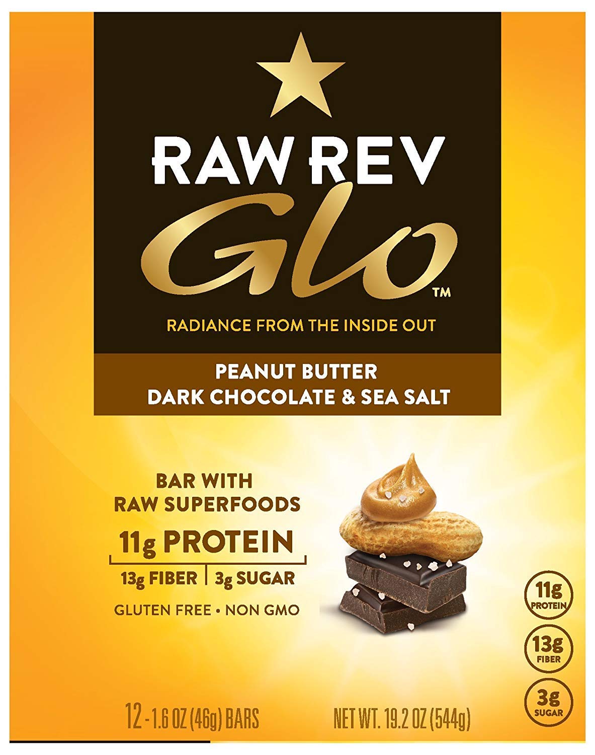 Peanut Butter Dark Chocolate & Sea Salt "New and Improved Glo" Vegan Protein Bars, 12g of Plant-Based Protein with Only 3g of Sugar, Pack of 36
