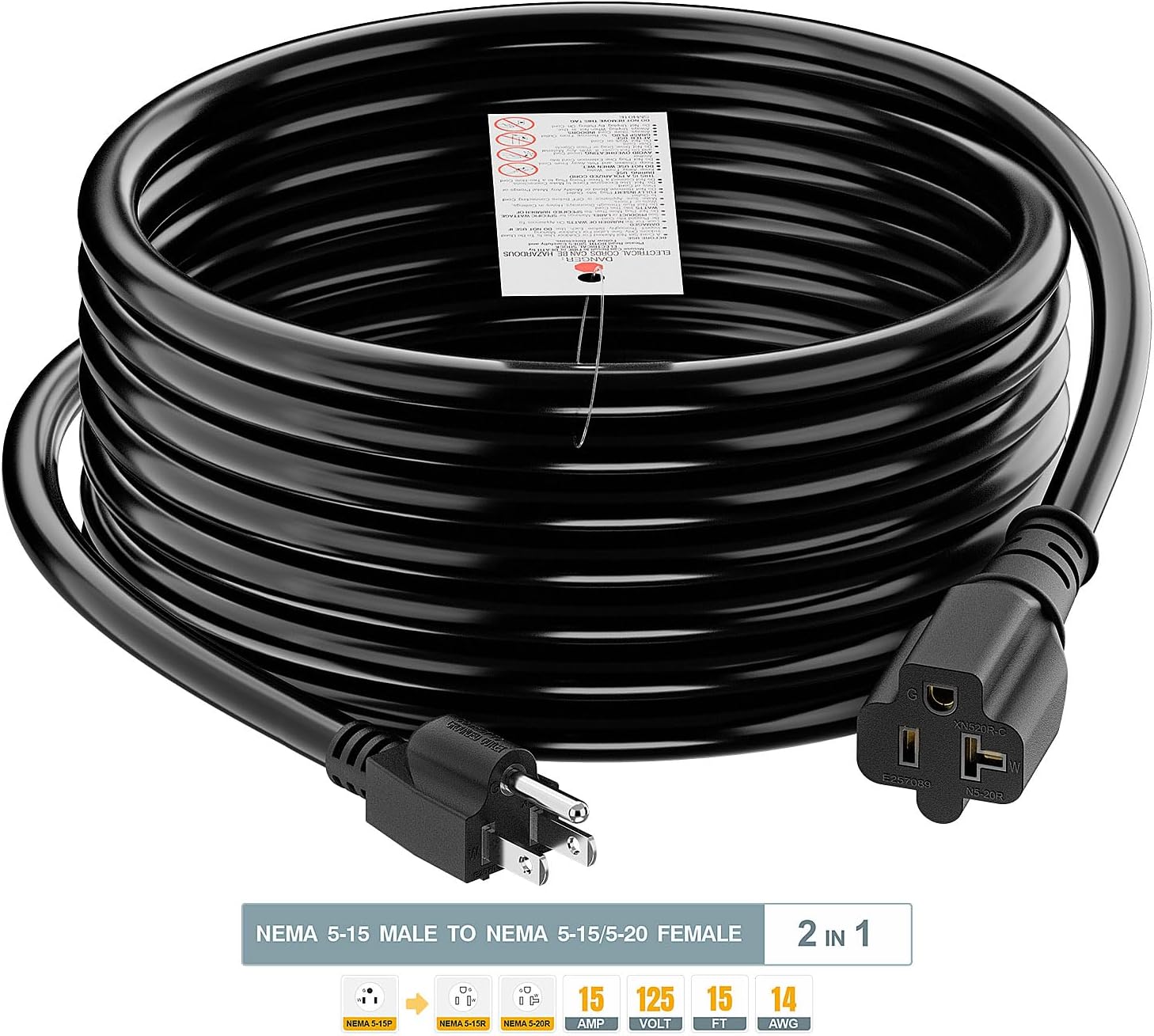 15-Feet 15 Amp Household AC Plug to 20 Amp T Blade Adapter Cable, Plugrand 14AWG 15 Amp to 20 Amp Plug Adapter Cord Nema 5-15P to 5-15R/5-20R 20Amp Comb AC Power Cord, Black